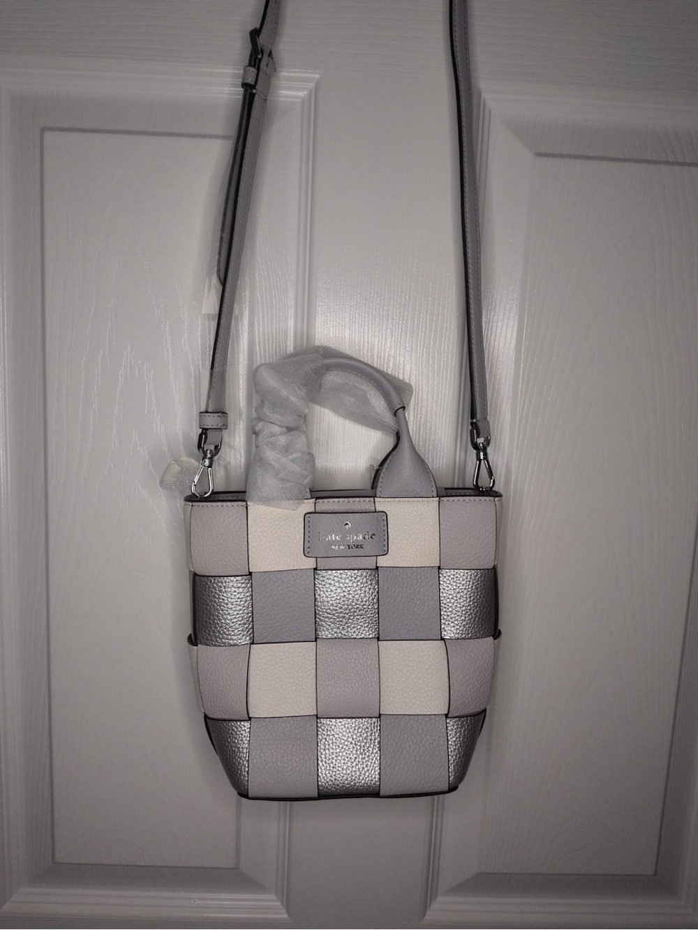 kate spade metallic platinum Cream and Silver Woven Checker Crossbody